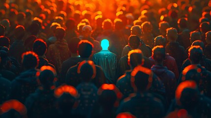 Obraz premium Conceptual photo of a crowd with one individual highlighted by a distinct, bright aura, standing out among the rest
