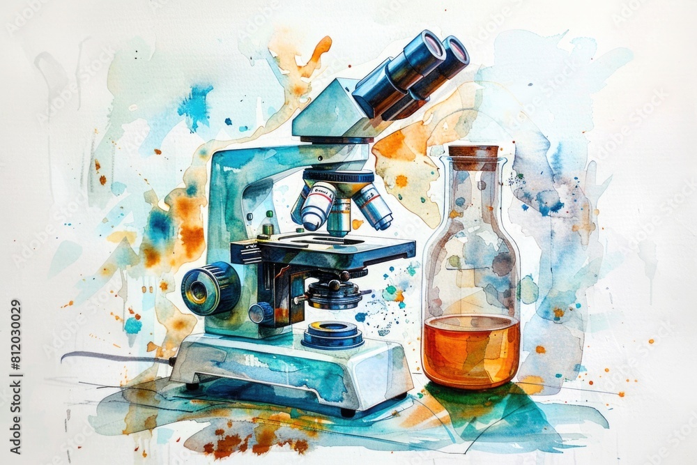 Poster a painting of a microscope and a bottle of liquid. suitable for educational or scientific projects