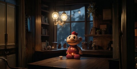 A small stuffed animal is sitting on a table in a dimly lit room
