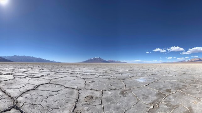 A panoramic view of a salt flat cracked into geometric patterns, stretching towards distant mountains
