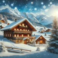 Fototapeta premium Snowy, mountain village, nestled near cozy cabin, holiday card