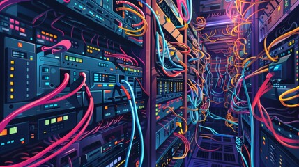 A pixel art server room from a top-down perspective, chunky racks arranged in neat rows, colorful cables snaking across the floor