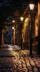 Fototapeta premium A quiet side street illuminated by vintage street lamps, cobblestones gleaming, panoramic view