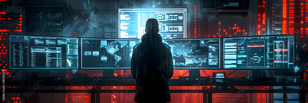 Poster photo realistic of security expert monitoring crypto transactions in high tech setup