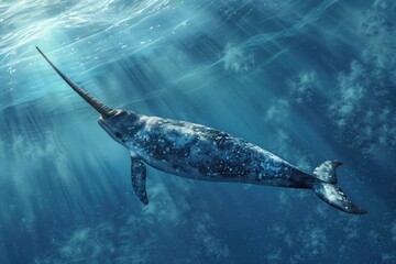 Naklejka premium A majestic narwhal swimming gracefully in the ocean. Perfect for marine life illustrations