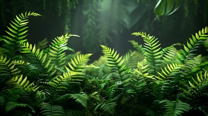 Lush Green Fern Fronds Levitating in Moody Atmospheric Lighting with Intricate Leaf Details