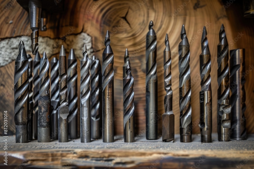 Aufkleber Various drill bits displayed on a table. Perfect for construction or hardware store concept
