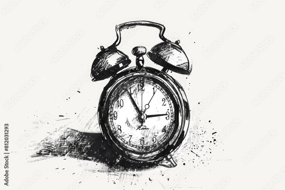 Poster a detailed drawing of an old-fashioned alarm clock. suitable for various design projects