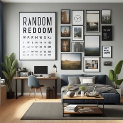 Bedroom sets have mockup poster empty white with Bedroom interior and desk and pictures on the wall art realistic photo has illustrative meaning has illustrative meaning.