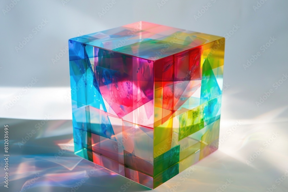 Poster A multicolored glass cube on a table, suitable for various design projects