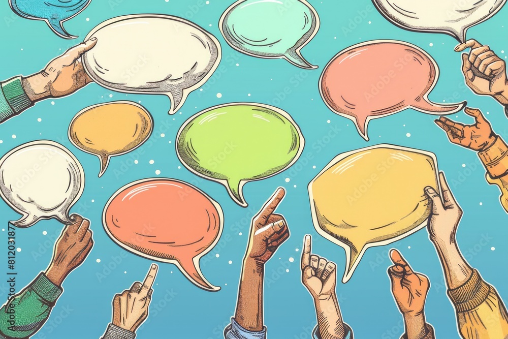 Poster group of people holding up speech bubbles. great for presentations and communication concepts