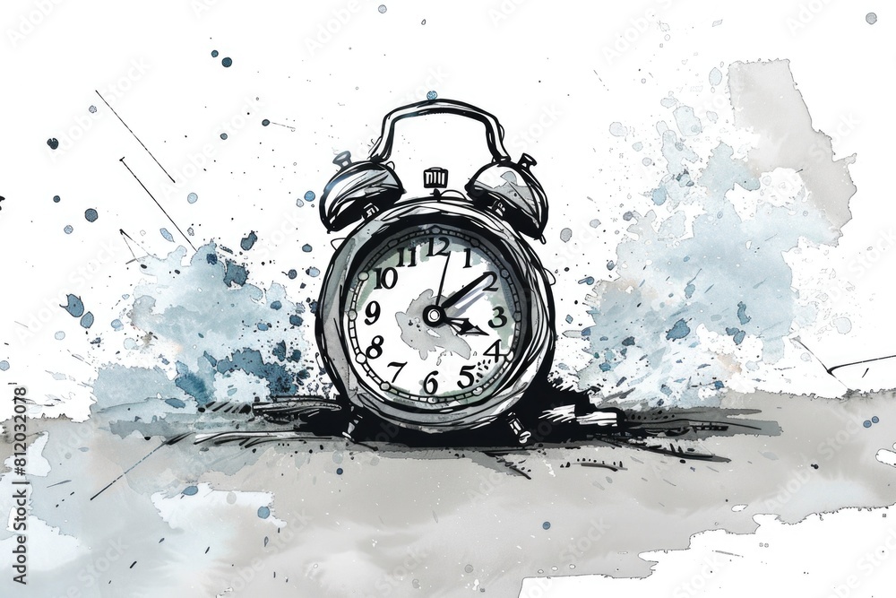 Poster A drawing of an alarm clock on a table. Suitable for time management concepts