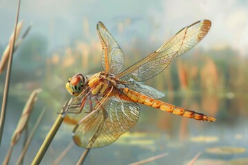 Close-up of a dragonfly resting on a reed near a lake, hyperrealistic details of its delicate wings and body