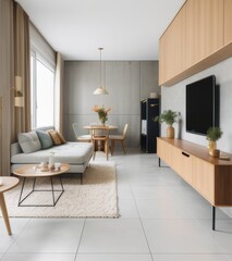 Modern living room with white tiles on the floor and concrete walls, wooden tv stand cabinet near grey sofa with beige pillows against window in minimalistic interior design of modern home