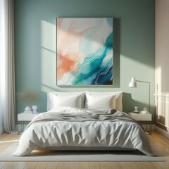 Bedroom sets have template mockup poster empty white with a painting above Bedroom interiorstandard image art photo lively has illustrative meaning.
