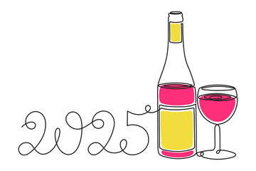 Bottle and glass, celebrating 2025 new year,one line art,continuous drawing contour.Cheers toast,festive hand drawn holiday decoration,simple minimalist design.Editable stroke.Isolated.