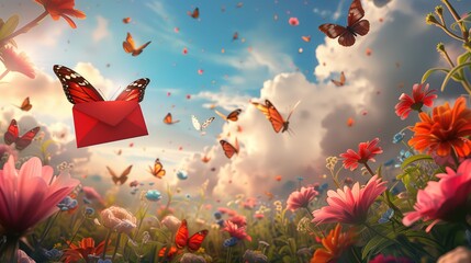 Czerwona koperta unosi się w powietrzu, przelatując nad kolorowym polem kwiatów. W tle można dostrzec motyle fruwające wokół, tworząc malowniczy krajobraz przyrody - obrazy, fototapety, plakaty