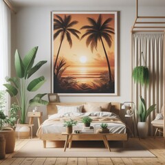 Bedroom sets have template mockup poster empty white with Bedroom interior and plants art photo attractive card design.