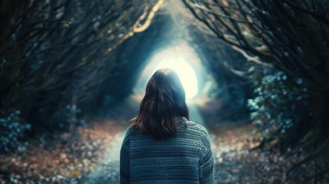A young woman clad in a cozy sweater strolls solo through a tunnel of trees her gaze fixed on the glow of white light beckoning her ahead With a heartfelt prayer on her lips she calls upon  - Powered by Adobe