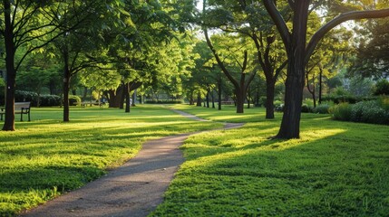 Fototapeta premium Tranquil park with neatly trimmed grass and shaded pathways