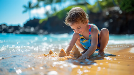 On a sunny day, a young child fun building sandcastles on a tropical beach.  Young Child Playing with Sand on a Tropical Beach in a Sunny Summer Day