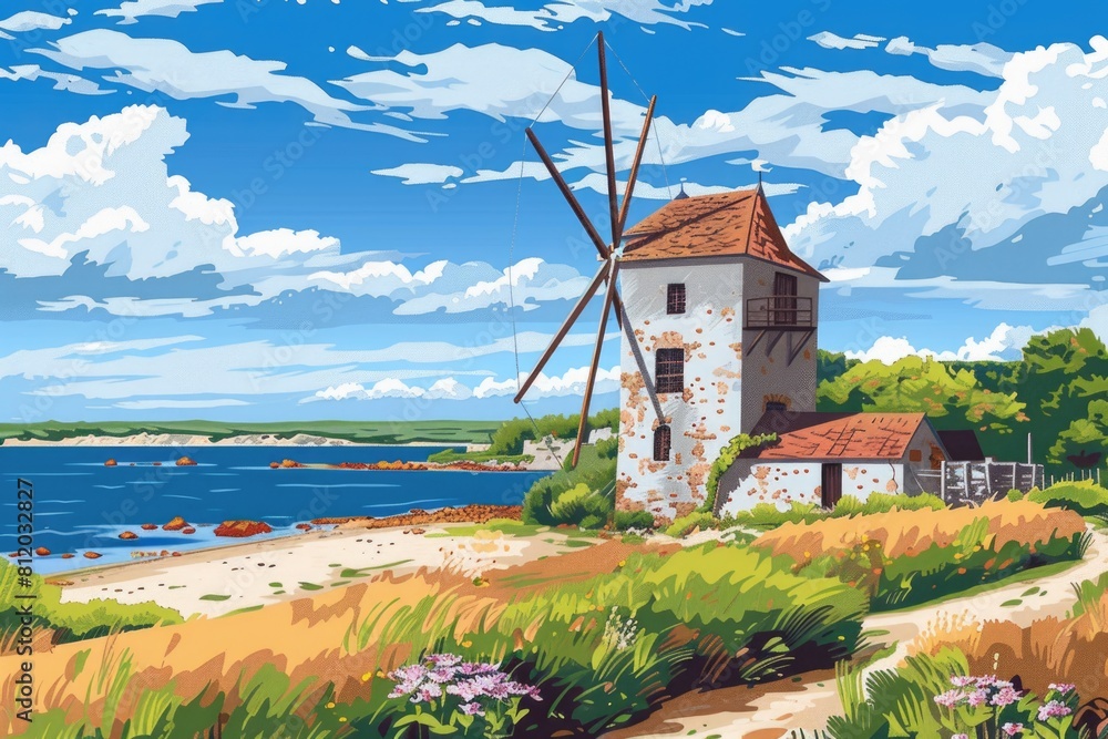 Poster A serene painting of a windmill by the water. Suitable for various design projects