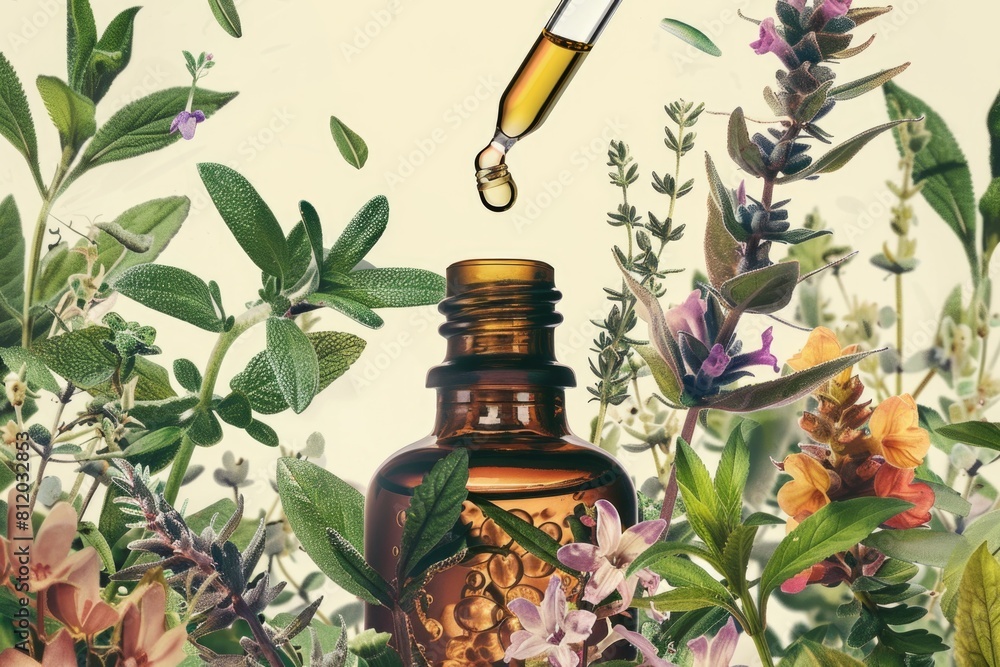 Poster a bottle of essential oil with a dropper surrounded by flowers. ideal for aromatherapy and spa conce