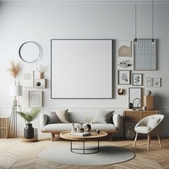 living room with a template mockup poster empty white and With Couch And Coffee Table image art realistic photo harmony.