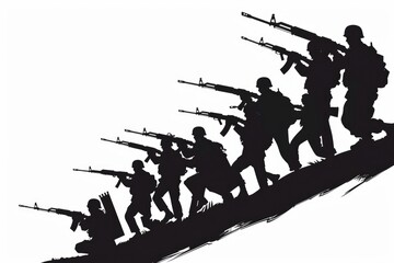 Group of soldiers with firearms ascending a hill. Suitable for military and war themes