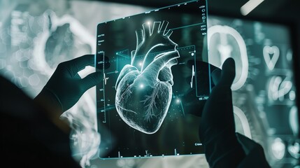 close up , doctor examining a detailed x-ray image of a human heart