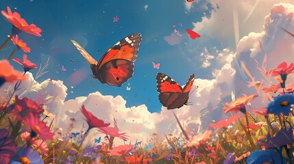 Dwaj motyle unoszą się w powietrzu nad polem pełnym kolorowych kwiatów. Zapewne szukają nektaru do zbierania, poruszając swoimi delikatnymi skrzydełkami