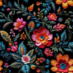 Seamless colorful embroidery floral pattern, textile fabric design. Generative ai