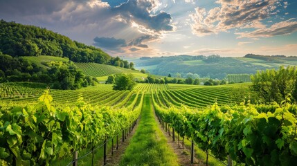 Fototapeta premium Vineyard landscape with rows of lush green vines bearing seedless grapes