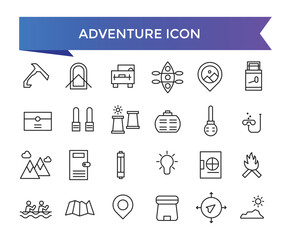 Adventure icon collection. Related to hike, campfire, snorkeling, climbing, travel and canoeing icons. Outdoor activity concept icon set.