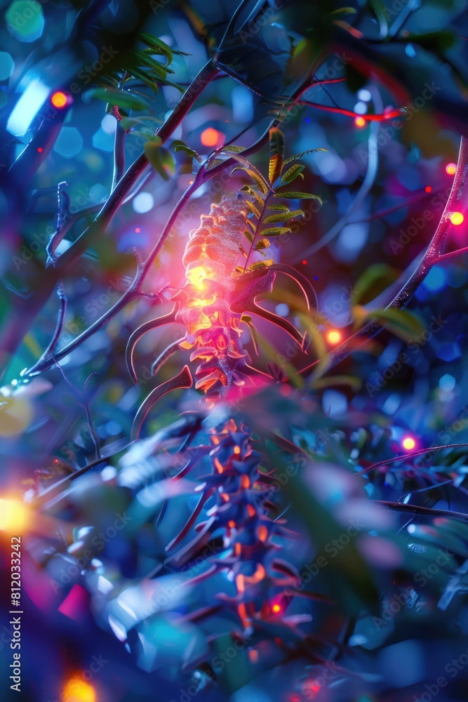 Poster Close-up of a plant with soft lights in the background. Suitable for nature and relaxation concepts