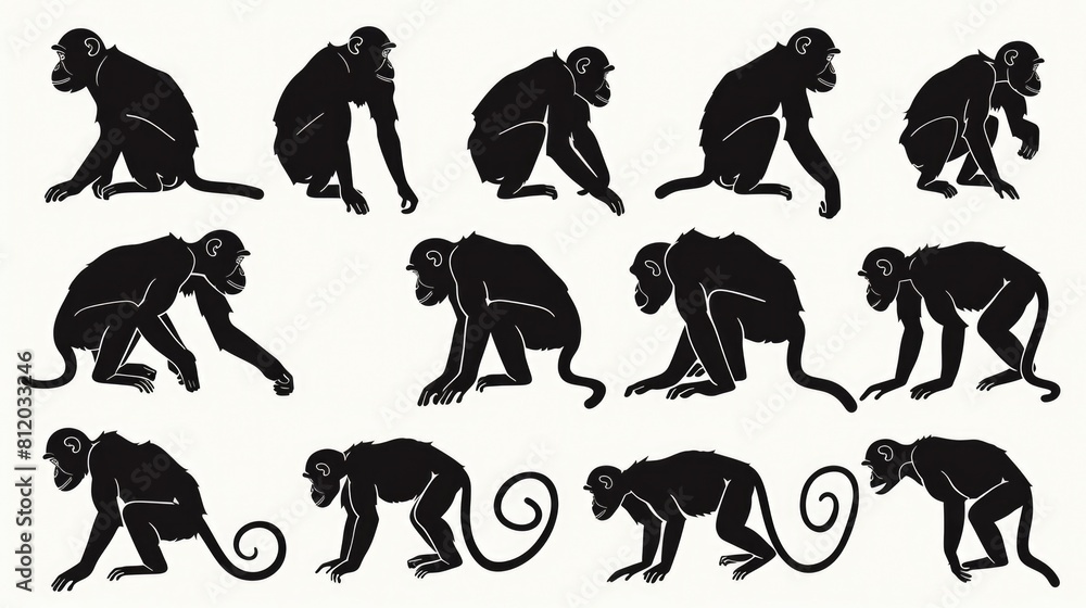 Poster a collection of monkey silhouettes on a white background. perfect for various design projects