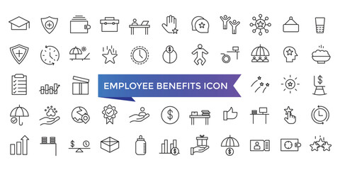 Employee benefits icon collection. Related to social security, pay raise, health and life insurance, paid vacation, bonus and more icons set.
