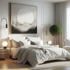 Bedroom sets have template mockup poster empty white with Bedroom interior and a painting image art photo attractive.