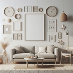 living room with a template mockup poster empty white and With Couch And Table image art realistic lively.