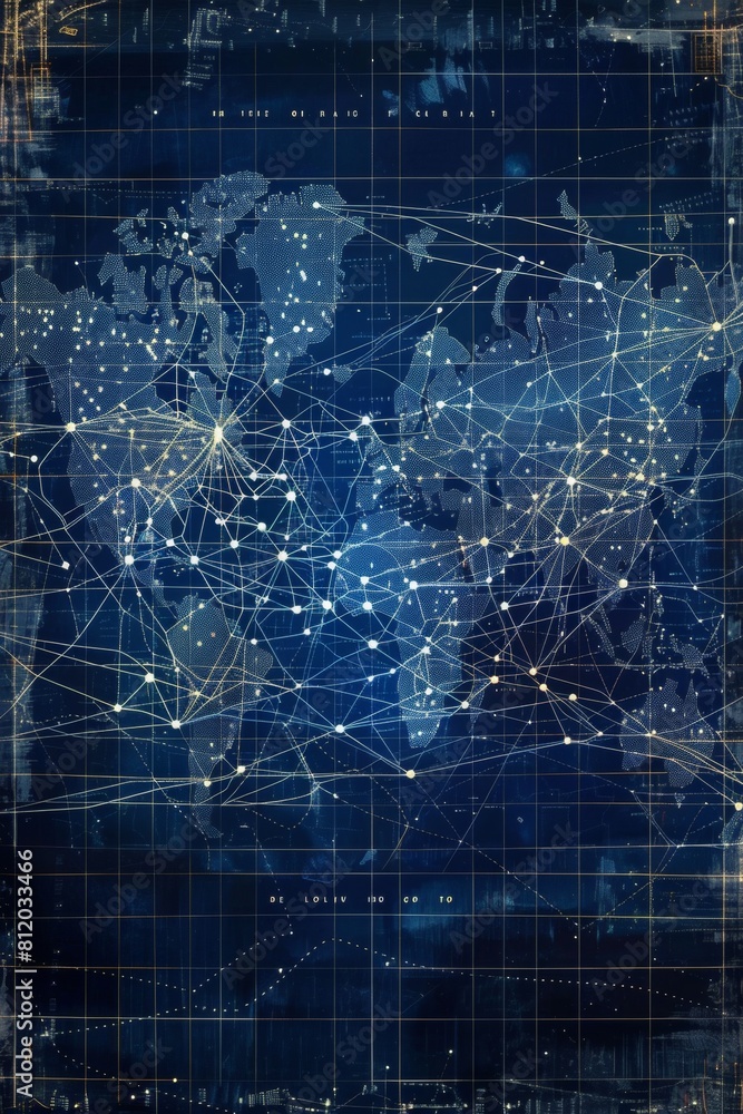 Aufkleber global network map in blueprint style, major data centers marked, fiber-optic routes traced with das