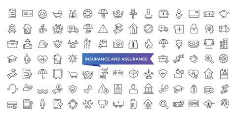 Insurance and assurance icon collection. Related to healthcare medical, life, car, home, travel insurance icons. Line icons vector set.