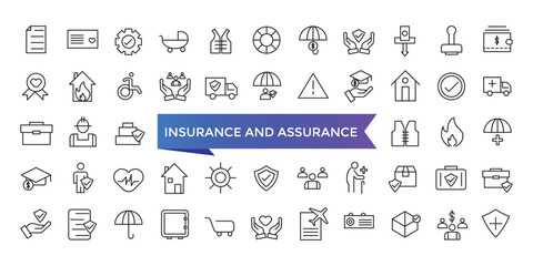 Insurance and assurance icon collection. Related to healthcare medical, life, car, home, travel insurance icons. Line icons vector set.