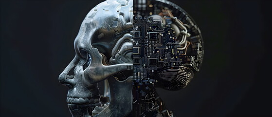Half-frontal view of a normal human head made from Circuit board CPU chip with AI smart brain Overlay X-ray image of a human skull, Artificial intelligence of brain