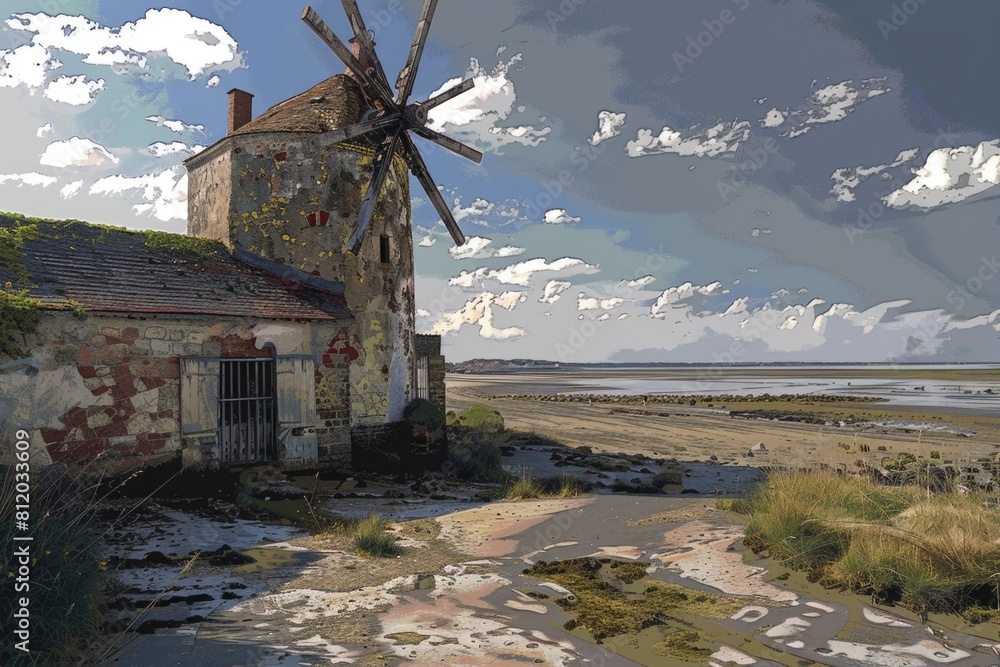 Poster A painting of a windmill on the side of a building. Suitable for architectural and travel concepts