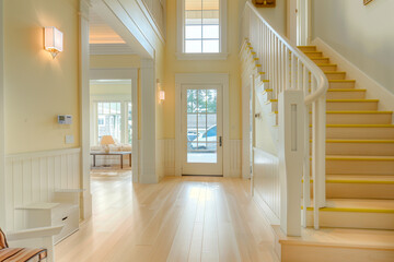 Bright entrance with a lemon zest staircase broad front door and wide light hardwood floors reaching up to a high ceiling Cheerful sunny feel