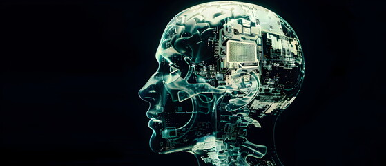 Half-frontal view of a normal human head made from Circuit board CPU chip with AI smart brain Overlay X-ray image of a human skull, Artificial intelligence of brain