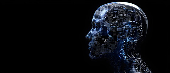 Half-frontal view of a normal human head made from Circuit board CPU chip with AI smart brain Overlay X-ray image of a human skull, Artificial intelligence of brain