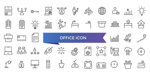 Office icon collection. Related to briefcase, desk, computer, meeting, employee, schedule and co-worker symbol. Line workspace icons vector set.