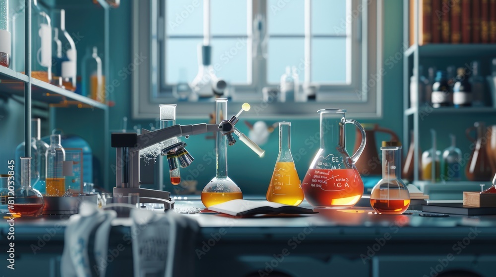 Aufkleber A science lab with various bottles and a microscope. Suitable for educational and scientific projects