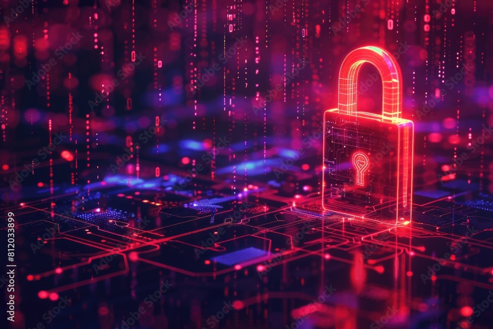 Aufkleber A padlock on a circuit surrounded by red and blue lights. Suitable for security concepts